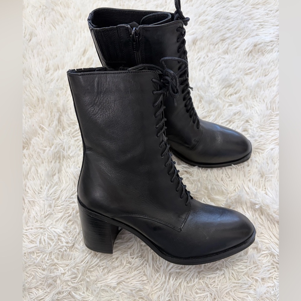 Jeffrey Campbell Black Lace-Up Combat Heeled Boots/Genuine Leather